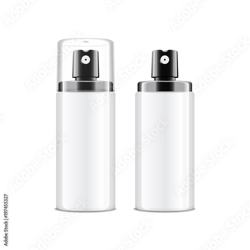 Realistic Cosmetic spray bottle. Dispenser for cream, balsam and other cosmetics. With lid and without. Vector Template Mock up Your Design on white background
