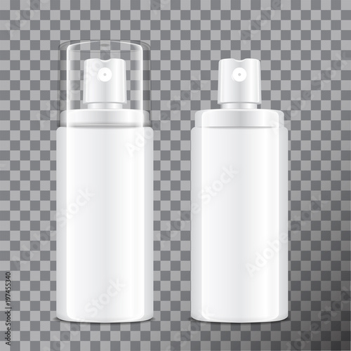 Realistic Cosmetic spray bottle. Dispenser for cream, balsam and other cosmetics. With lid and without. Vector Template Mock up Your Design