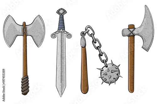 Old viking weapons - ax, sword, flail, spiked metal ball. Hand drawn sketch