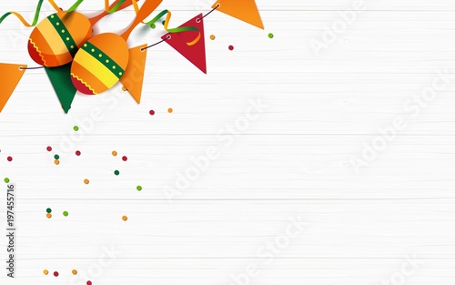 Mexican holiday background. Bunting flags, macaras, confetti on white wooden background. Top view. Vector illustration