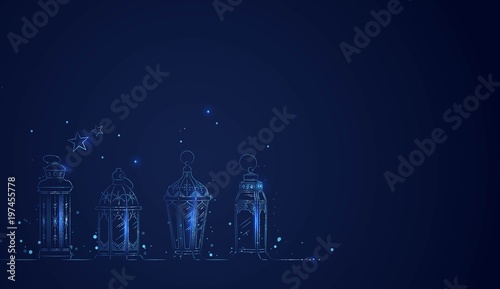 Hand Drawn Illusration of Ramadan Lanterns with Lights on Dark Blue Background. Vector Illustration