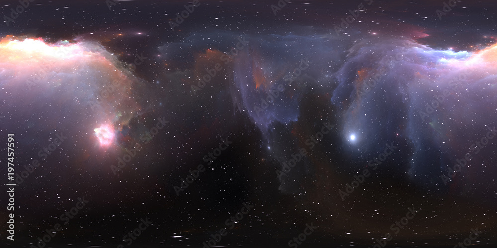 Naklejka premium 360 Rzut równomierny. Tło z mgławicy i gwiazd. Panorama, mapa środowiska. Panorama sferyczna HDRI.