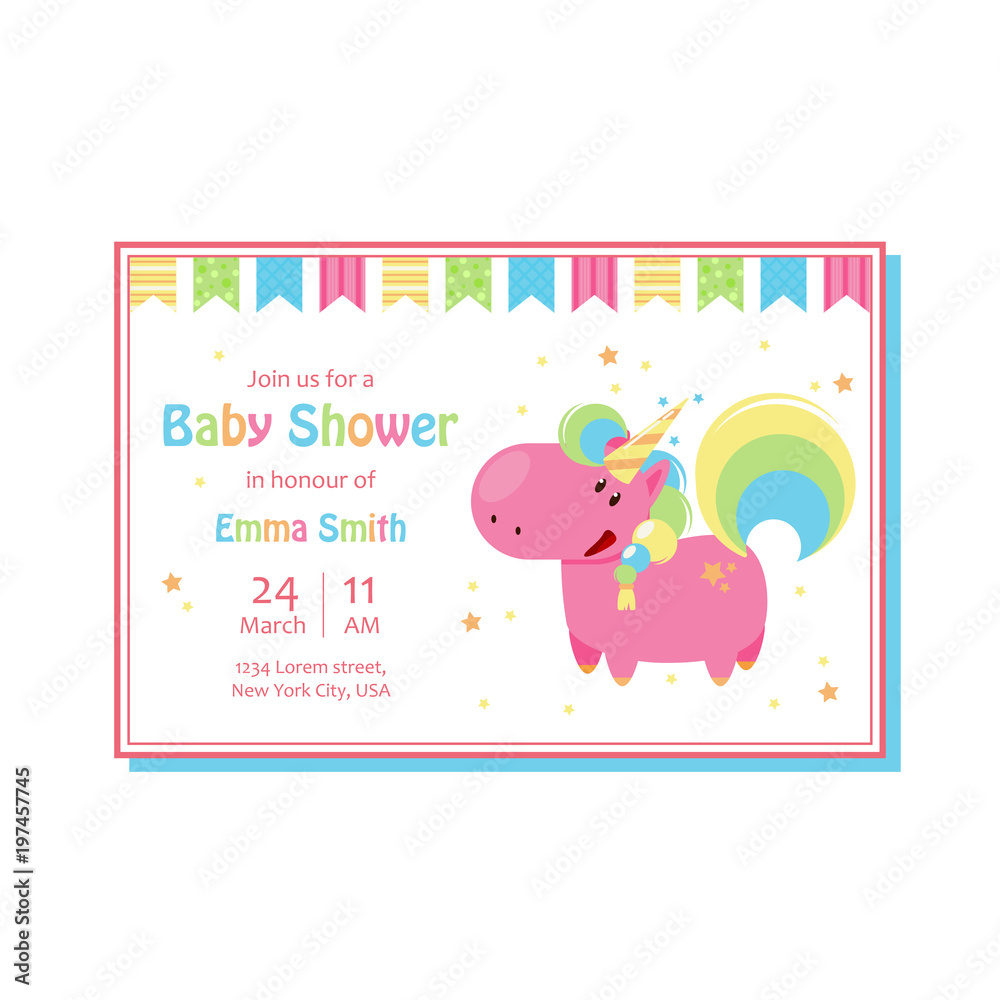 Beautiful baby shower card template with cute unicorn. Vector cartoon illustration for birthday invitation Beautiful baby shower card template with cute unicorn. Vector cartoon illustration for birthday invitation