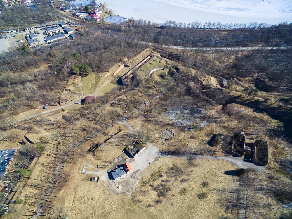Obraz premium Aerial view of star shaped Boyen stronghold in Gizycko, Poland (former Loetzen, East Prussia, Germany)