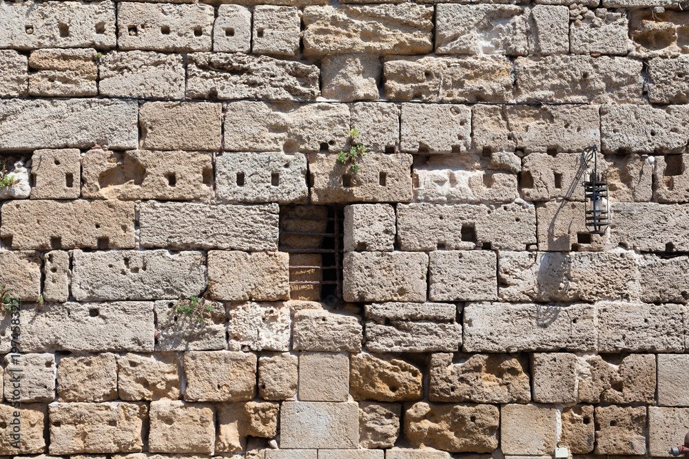 Stone wall of the fortress of Rhodes in Greece