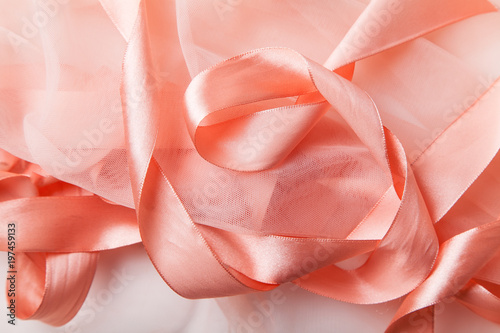 Shiny pink satin ribbon with transparent fabric on white background © Anastasiia Nurullina