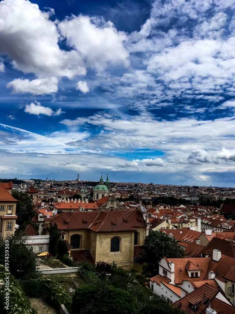 The Prague view. Red roofs. Blue sky