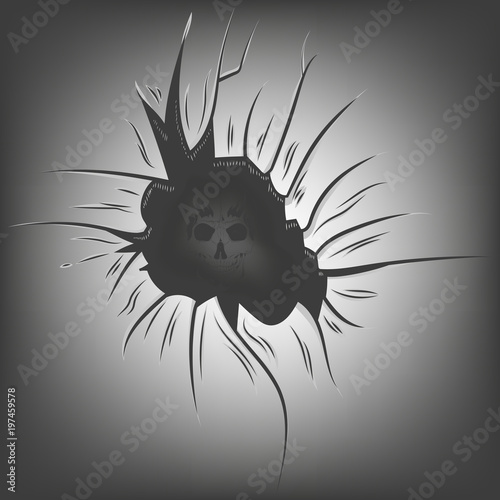 vector t-shirt design concept. the silhouette of the human skull looks through the illuminated hole on a black background