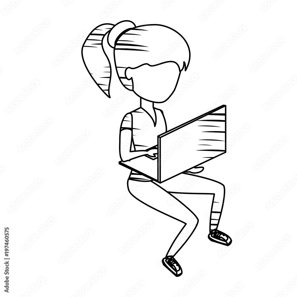 sketch of avatar woman sitting and using a laptop computer over white background, vector illustration