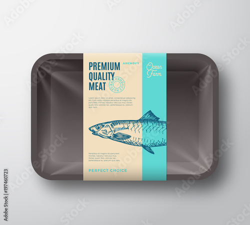 Premium Quality Anchovy. Abstract Vector Fish Plastic Tray with Cellophane Cover Packaging Design Label. Modern Typography and Hand Drawn Anchovy Silhouette Background Layout.