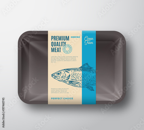 Premium Quality Hering. Abstract Vector Fish Plastic Tray with Cellophane Cover Packaging Design Label. Modern Typography and Hand Drawn Hering Silhouette Background Layout.