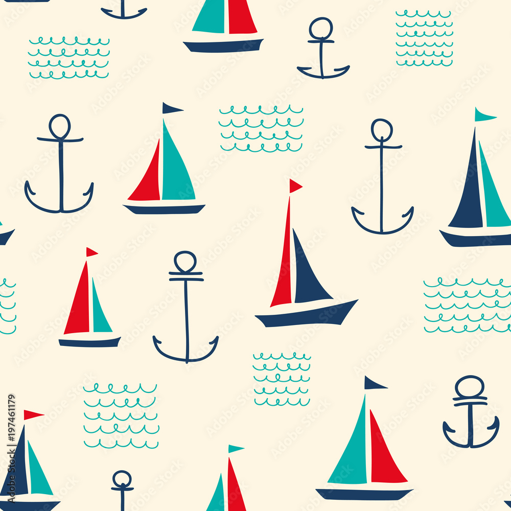 Hand-Drawn Vessel Seamless Pattern with Multicolored Yachts, Anchors and Waves