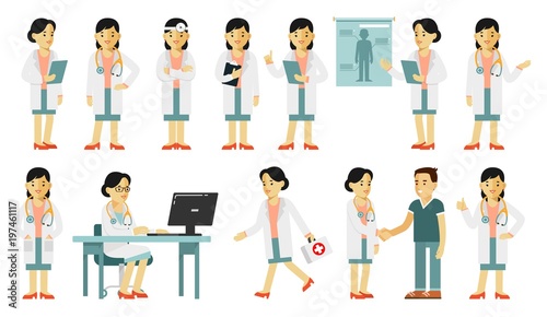 Medicine people character set in flat style isolated on white background. Practitioner young doctor woman in different poses and situations. Medical staff.