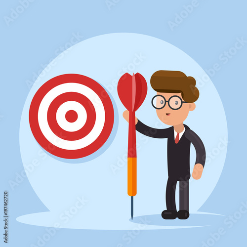 Purpose business concept. Purposeful businessman with spear in hand stands with the target. Achievement of goal. Vector illustration flat design. Aspirational people. Challenge achieve aim.
