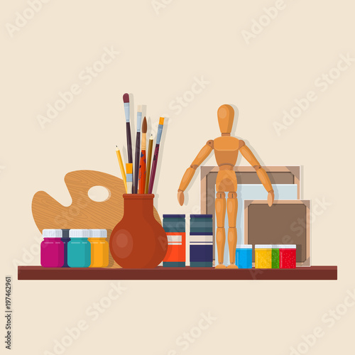 Set of artists' materials. Brushes, palette, wooden mannequin, canvases and paints. Vector illustration