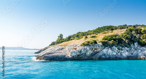 Beautiful panorama view on zakynthos cliff from the boat, Greece