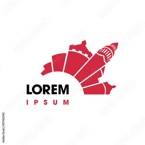 Red silhouette of town buildings in half circle