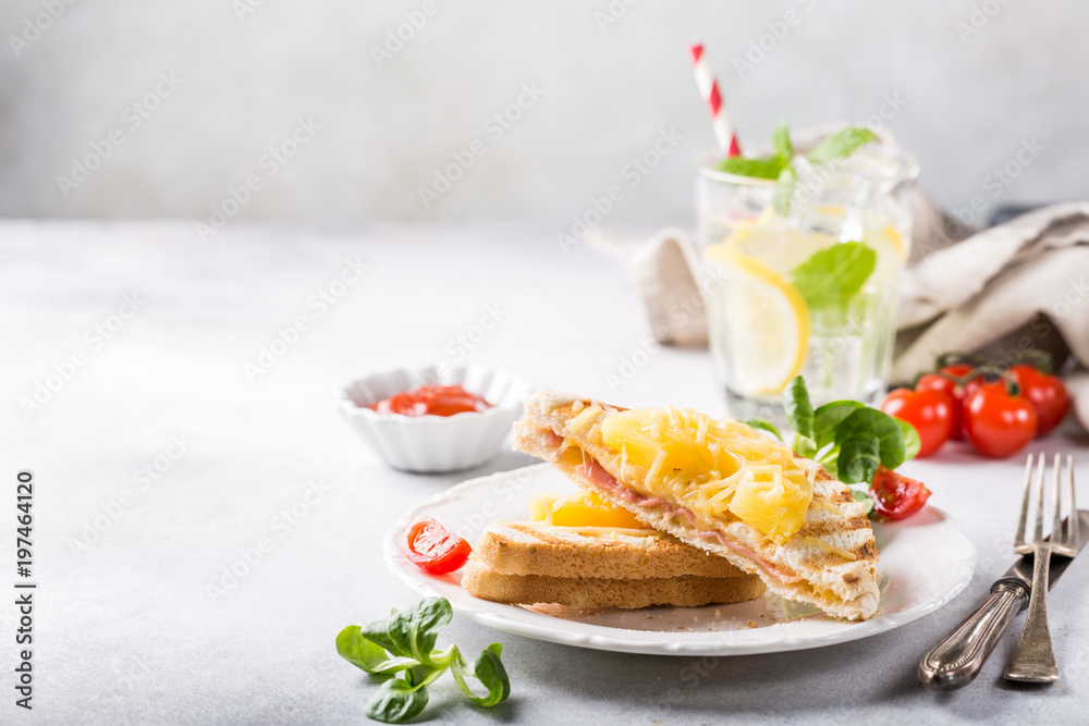Hot fresh hawaii toast sandwich with ham, pineapple, tomato and cheese. Healthy summer food concept with copy space. Hot fresh hawaii toast sandwich with ham, pineapple, tomato and cheese. Healthy summer food concept with copy space.
