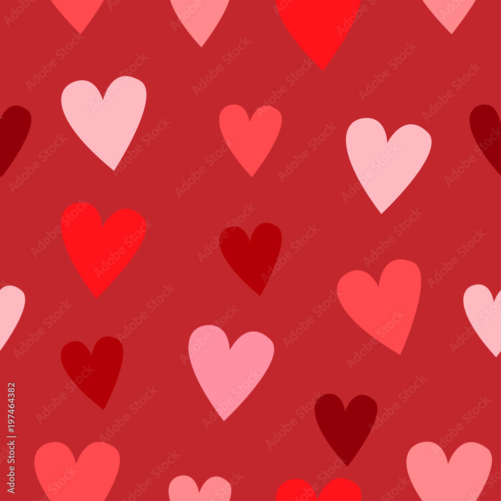 Seamless pattern with pink and red hearts on red background.  Decoration for cards, design for wrapping paper, fabric, cover