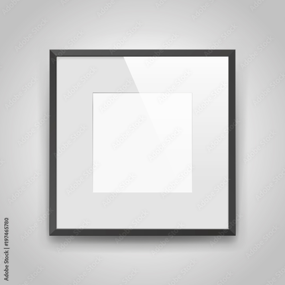 Realistic empty squre black frame with passepartout on gray background, border for your creative project, mock-up sample, picture on the wall, vector design object Realistic empty squre black frame with passepartout on gray background, border for your creative project, mock-up sample, picture on the wall, vector design object