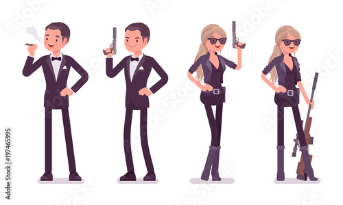 Secret agent gentleman, lady spy of intelligence service with gun