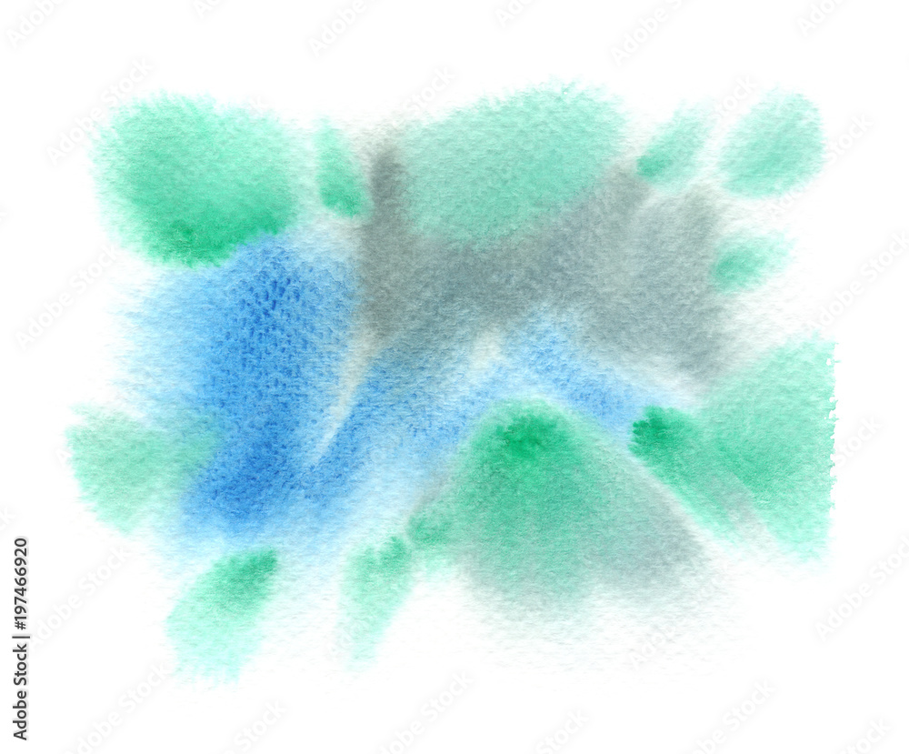 Wet fuzzy emerald green, grey and blue blots and drops painted in watercolor on clean white background Wet fuzzy emerald green, grey and blue blots and drops painted in watercolor on clean white background