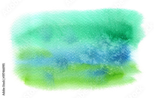 Emerald green, turquoise blue and warm lime green backdrop painted in watercolor on clean white background