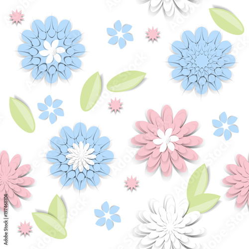 Seamless pattern with paper cut flowers in pastel colors. Vector template  for flyers  posters  covers  brochures  postcards. Volumetric background for wedding and other festive projects.