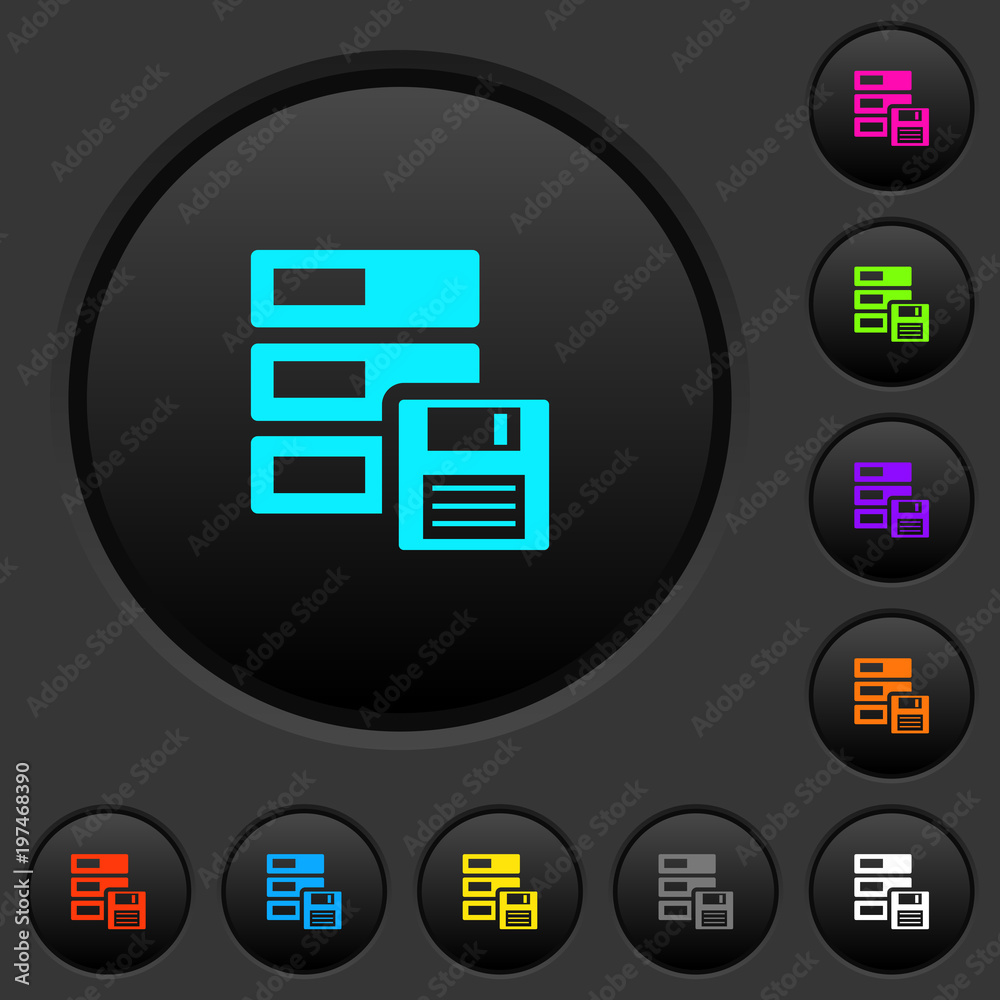 Data backup dark push buttons with color icons Data backup dark push buttons with color icons