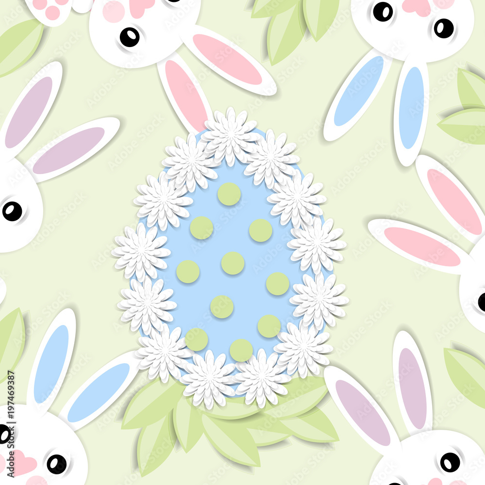 Fototapeta premium Happy Easter. Greeting card with 3d paper flowers, decorative egg and easter bunny. Romantic design with paper cut flovers in pastel colors.