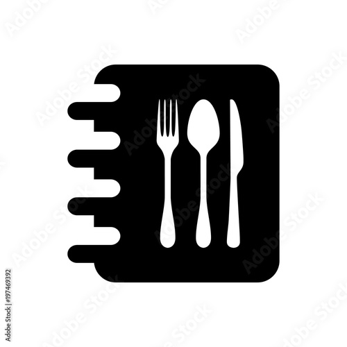 Icono plano agenda con cubiertos en color negro