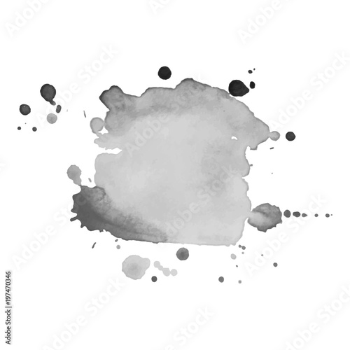Gray watercolor spot with droplets, smudges, stains, splashes. Grayscale blot in grunge style.