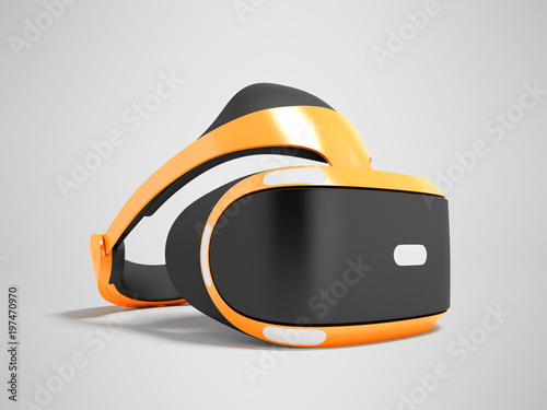 Modern virtual reality glasses for the orange prefix 3d render on a gray background with a shadow