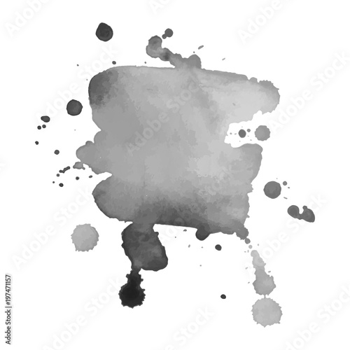Gray watercolor spot with droplets, smudges, stains, splashes. Grayscale blot in grunge style.