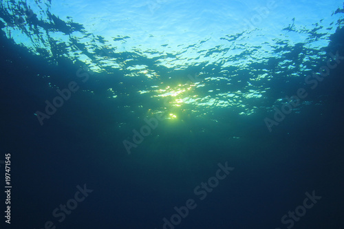 Underwater background. Sunlight on ocean surface