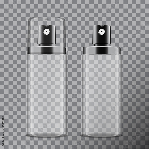 Realistic Cosmetic spray bottle. Dispenser for cream, balsam and other cosmetics. With lid and without. Vector Template Mock up Your Design on transparent background