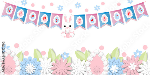 Happy Easter. Festive background with 3d paper flowers, decorative egg and easter bunny. Romantic design with paper cut flovers in pastel colors. For postcards, banners, posters.
