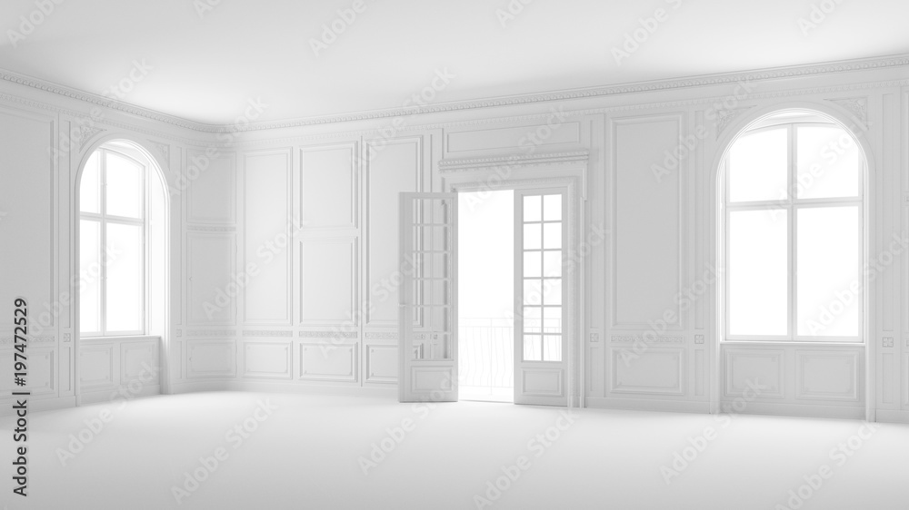 Fototapeta Salon oder Saal in weiß mit Stuck und Balkon