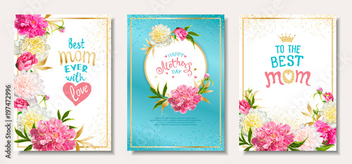 Happy Mothers Day. Set of three templates with pink peony flowers, hand-drawn lettering for BEST MOM, golden frame and and sequins. Template for greeting cards, invitations, posters, banners.