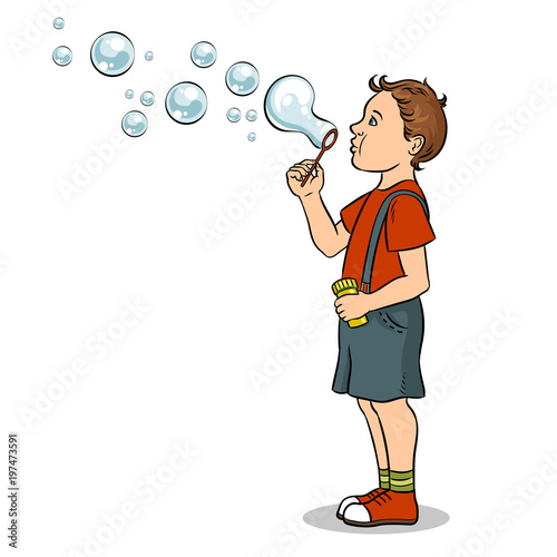 Child blowing bubbles pop art vector illustration