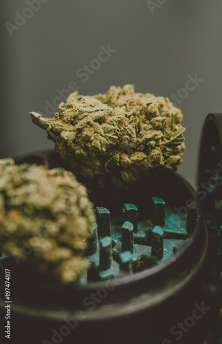 Detail of cannabis buds (KUSH) on glass  background - medical marijuana dispensary concept. Social insta size for stories photo