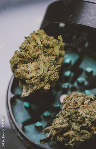 .Close-up of buds of marijuana lying on a metal grinder. Insta size for publication in stories photo