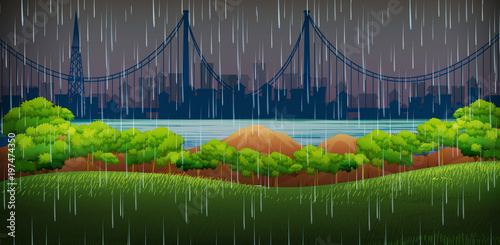 Background scene with raining in the park