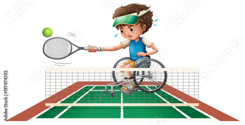 Boy in wheelchair playing tennis