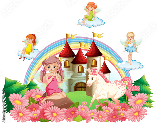 Fairies and unicorn at the palace garden