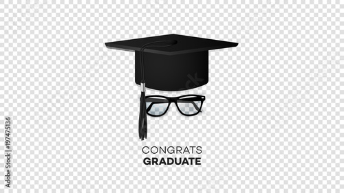 Realistic Vector Black Graduate Hat With Sunglasses Isolated On Transparent Background