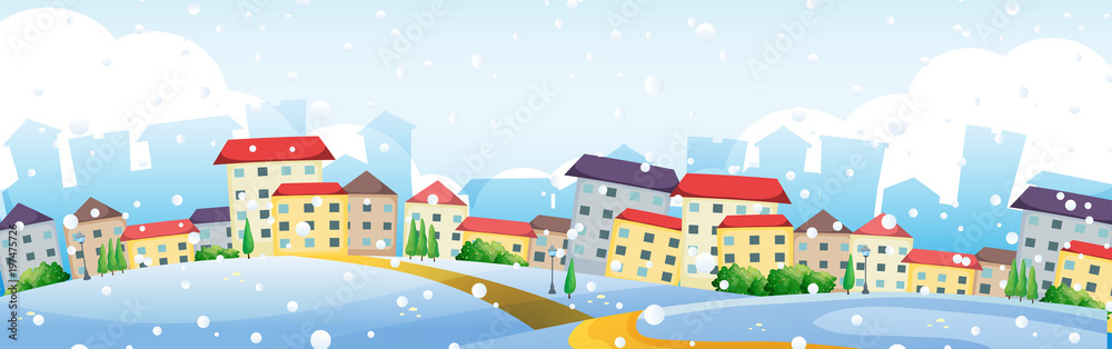 Scene with houses in village in winter