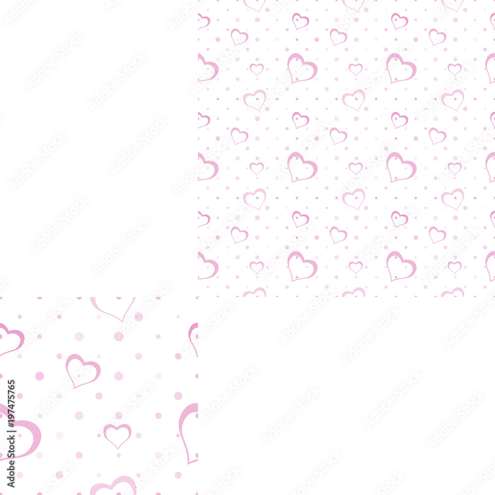 Light seamless pattern with pink silhouettes of heart and dots for holidays and packaging.