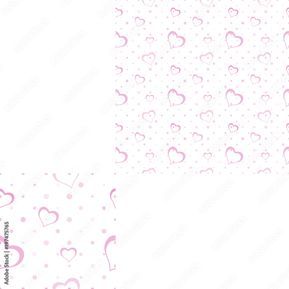 Light seamless pattern with pink silhouettes of heart and dots for holidays and packaging. Light seamless pattern with pink silhouettes of heart and dots for holidays and packaging.