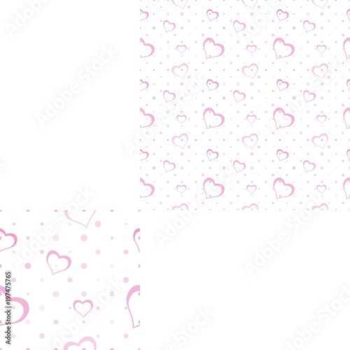 Light seamless pattern with pink silhouettes of heart and dots for holidays and packaging.